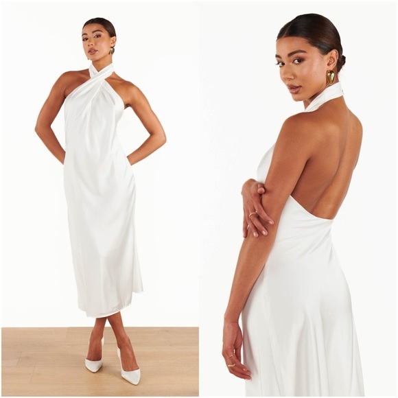 SHOW ME YOUR MUMU Jasmine Halter Midi Dress In Ivory Luxe Satin - Picture 1 of 6